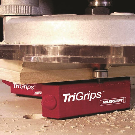 Milescraft TriGrips non-slip work holding feet in use on a workbench