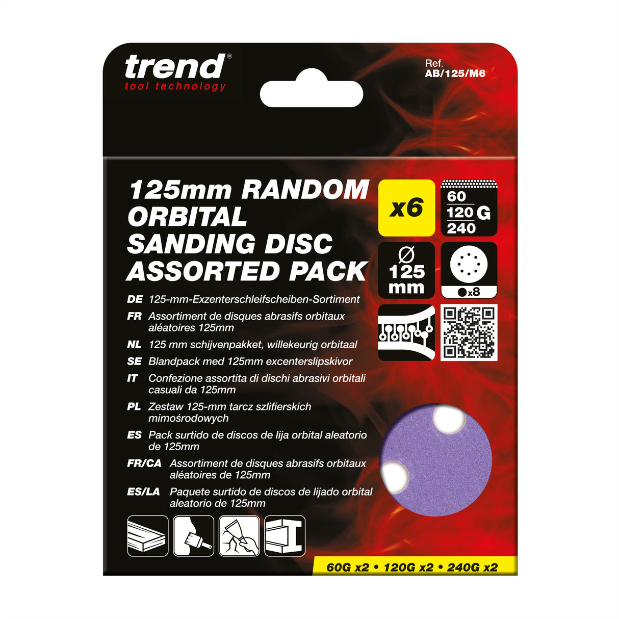 Trend Random Orbital Sanding Discs 125mm 60G/120G/240G Pack of 6