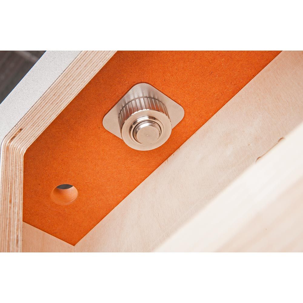 UJK Hold Down Ratchet Clamp 60mm Throat 90mm Clamping - Side view on workbench with Festool MFT/3 Table compatibility