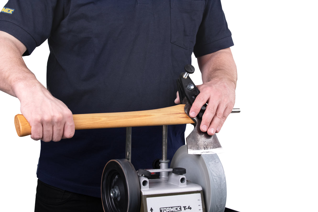 Tormek AX-40 Axe Jig in use bushcraft setting sharpening axe head with precision