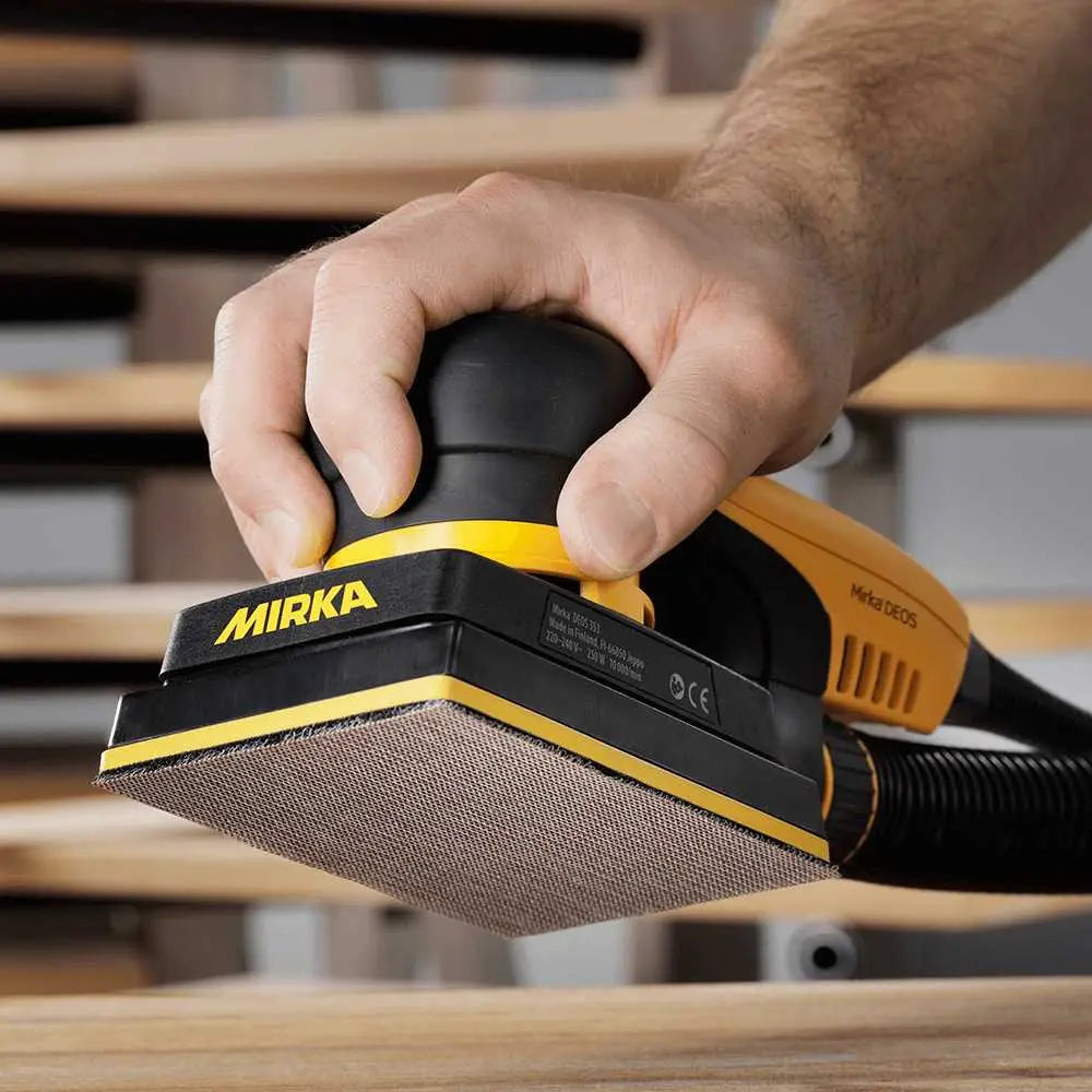 Mirka Abranet Ace Sanding Sheet 81 x 133mm - Pack of 50, in use on wood surface