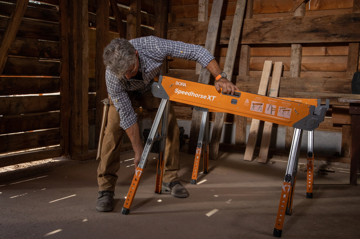Adjustable Speedhorse XT sawhorse extended legs for extra stability and support