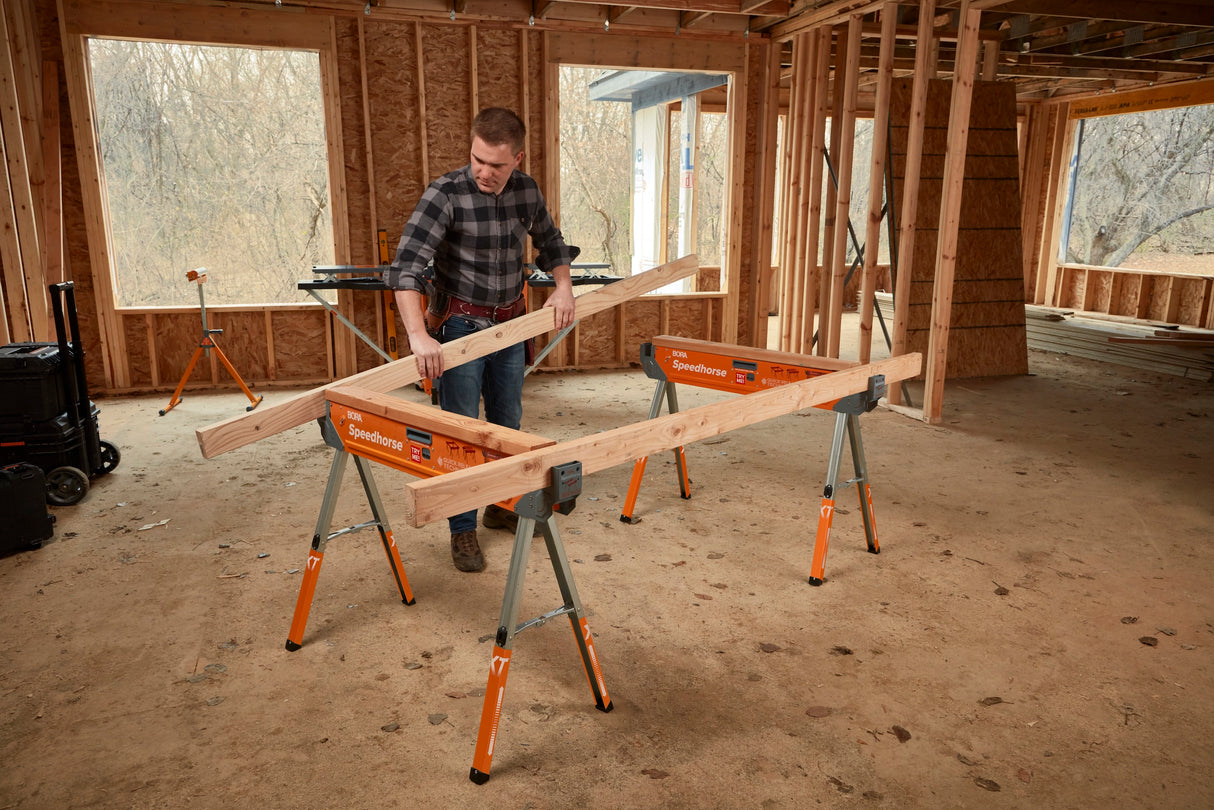 Adjustable Speedhorse XT sawhorse in use with extended legs for added stability and flexibility