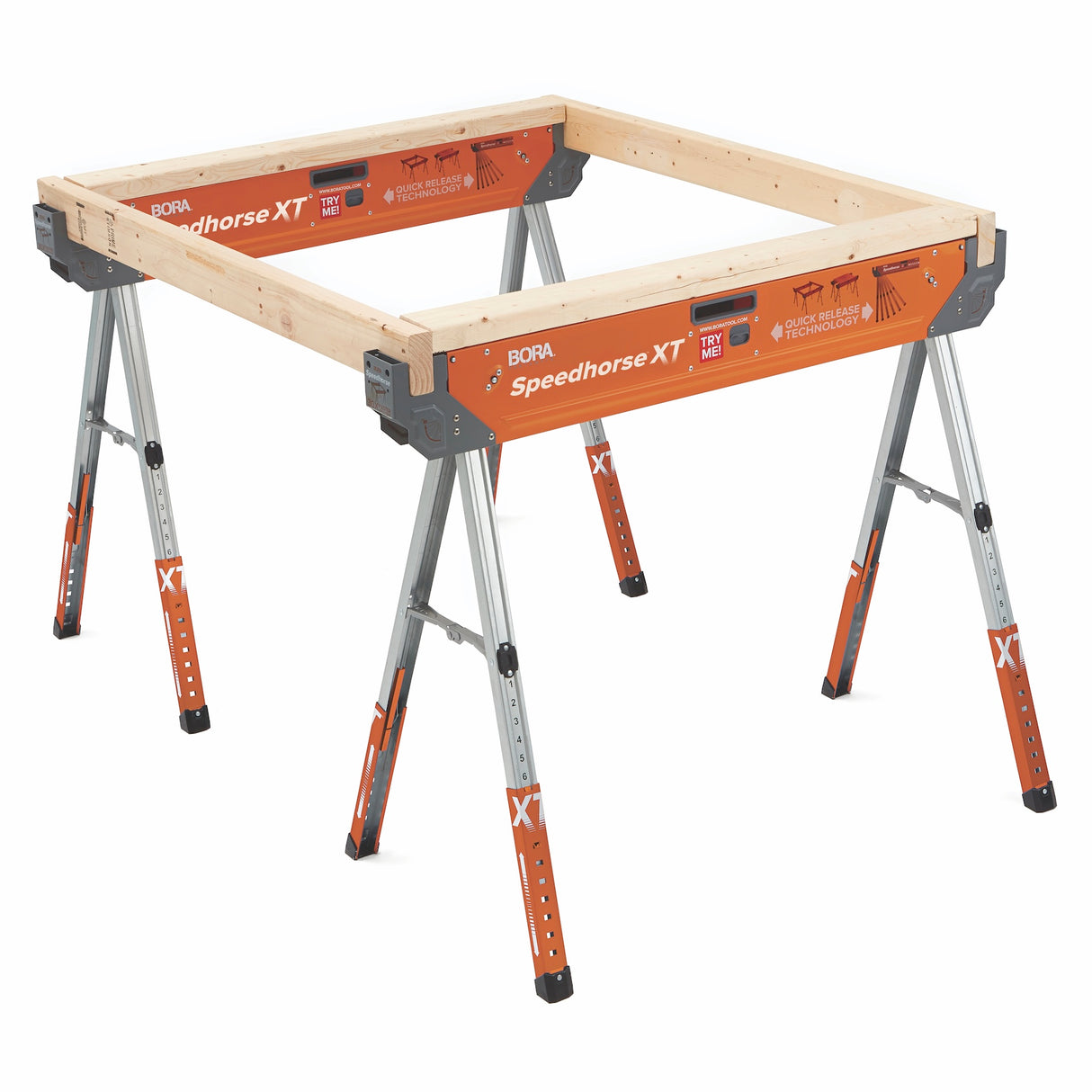 Adjustable Speedhorse XT sawhorse with extended legs, showcasing sturdiness and versatility for woodworking tasks
