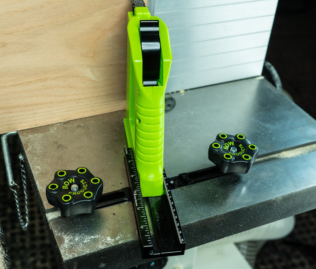 Bow Products Bandsaw GuidePRO Anchor Bar accessory securely fixed in 3/4in mitre slot, extends GuidePRO use to table saw or router