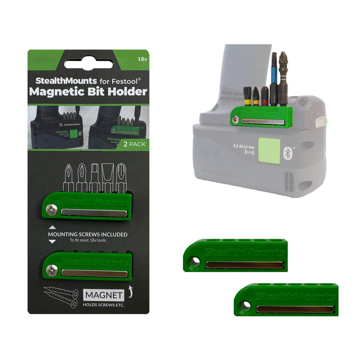 StealthMounts Magnetic Bit Holder for Festool 18V Tools Pack of 2 Green