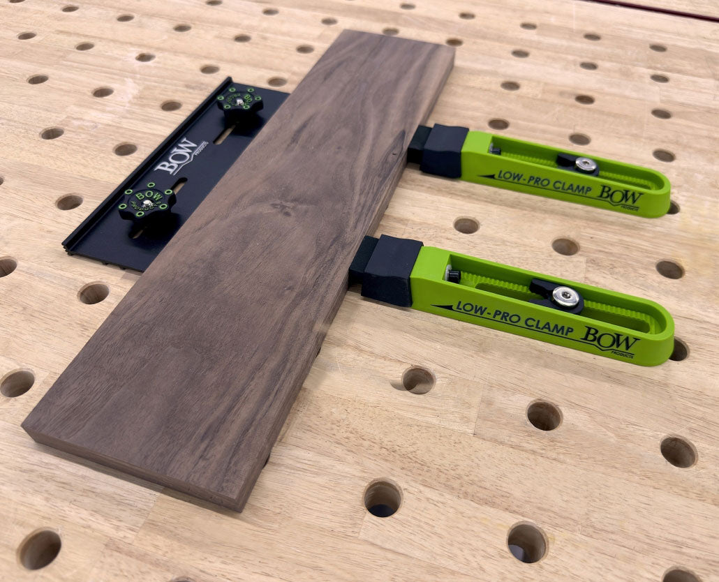 Bow Products Low Profile Clamping Kit in action on a woodworking table