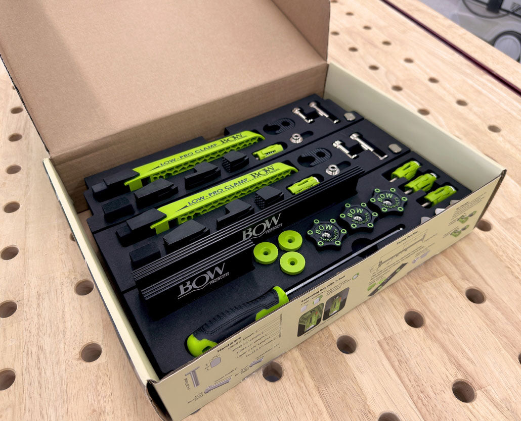 Bow Products Low Profile Clamping Kit angled view with woodworking tools