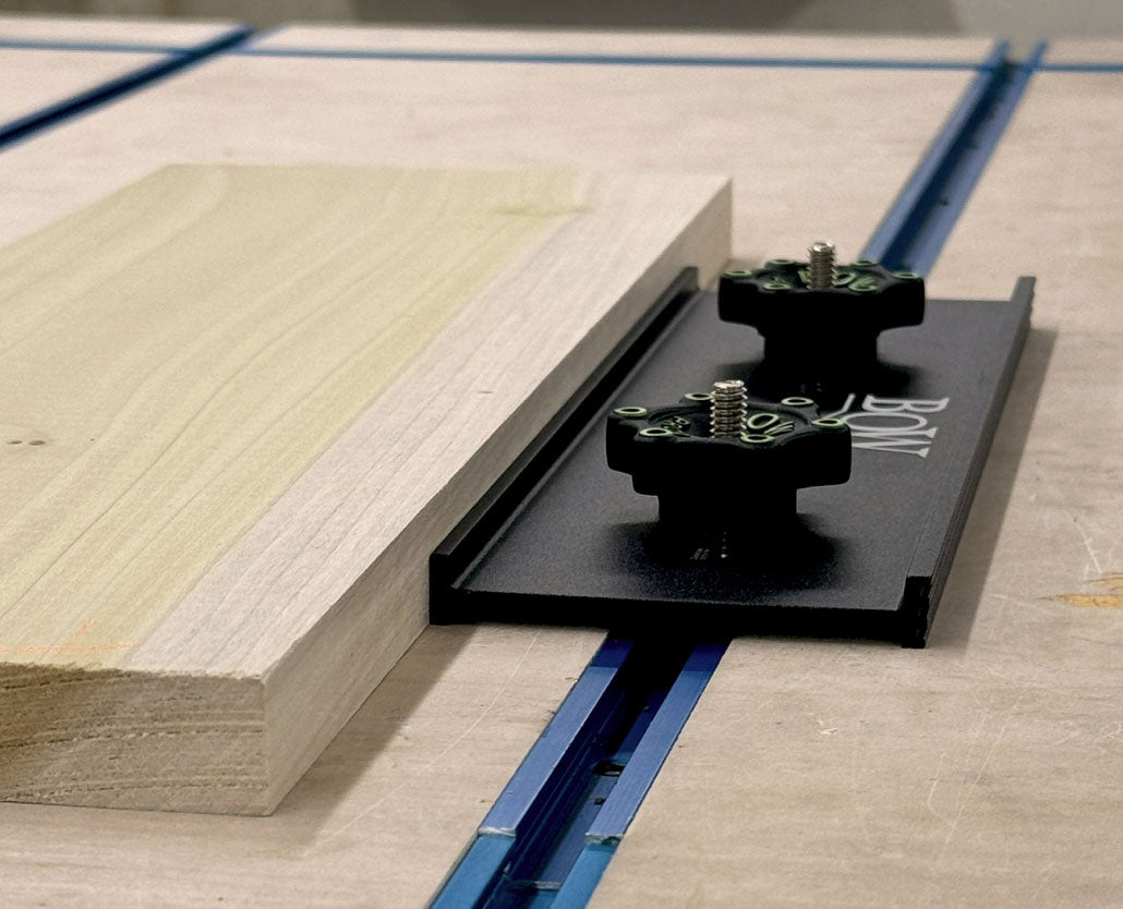 Bow Products Low Profile Clamping Kit in use on a woodworking platform
