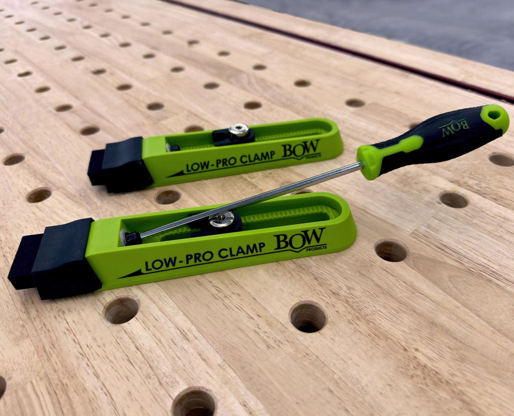 Bow Products Low Profile Clamping Kit in use on a woodworking bench with a detailed view of its edge workholding capabilities