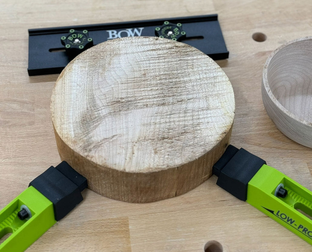 Bow Products Low Profile Clamping Kit in use on a woodworking table