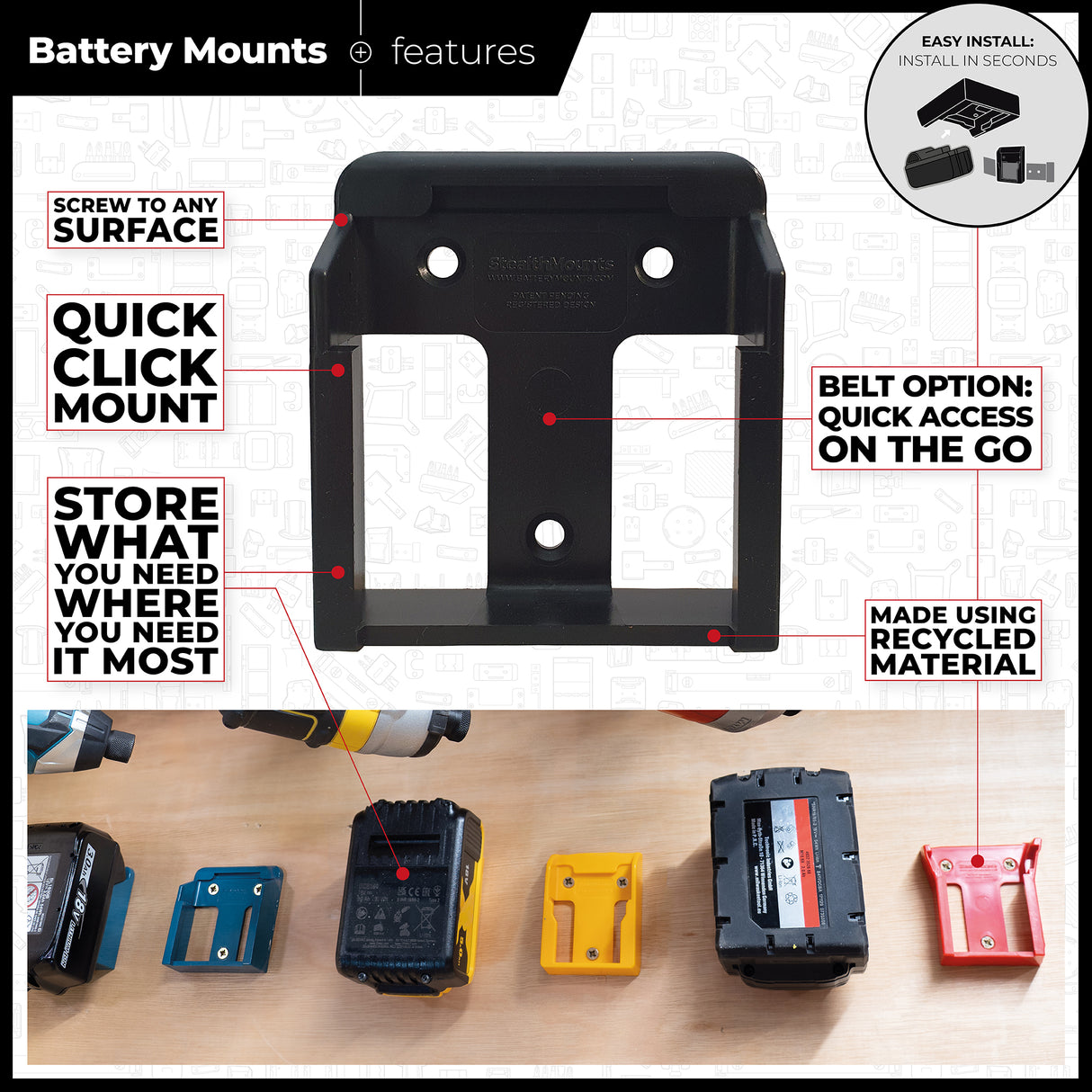 StealthMounts Makita 18V LXT Battery Mounts Pack of 6 Blue