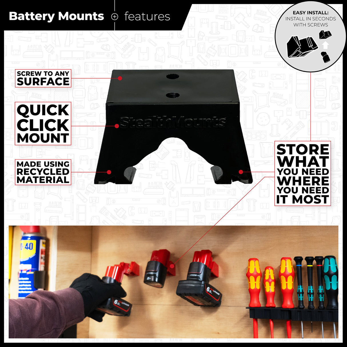 StealthMounts Milwaukee M12 12V Battery Mounts Pack of 6 Red