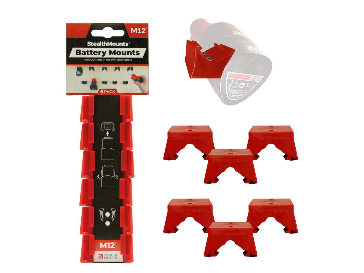 StealthMounts Milwaukee M12 12V Battery Mounts Pack of 6 Red