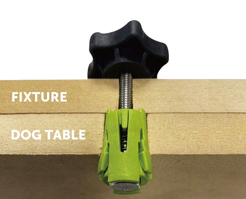 BOW Products Pack of Dogs Expandable Woodworking Bench Dogs in use on a workbench