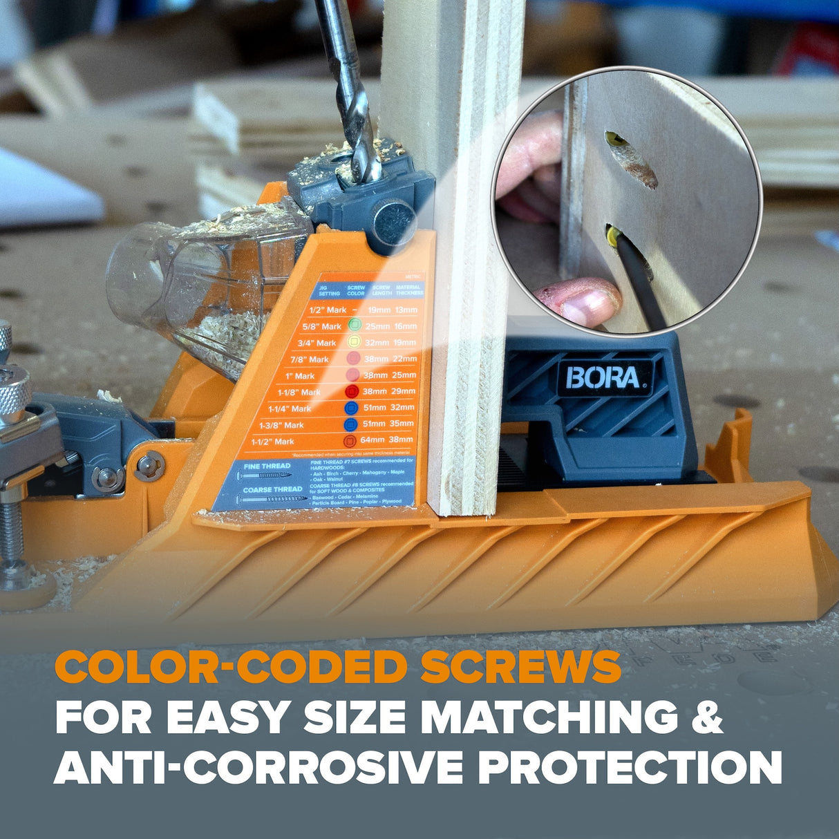 BORA Tool Auto Jig in use, self-adjusting for precise pocket holes