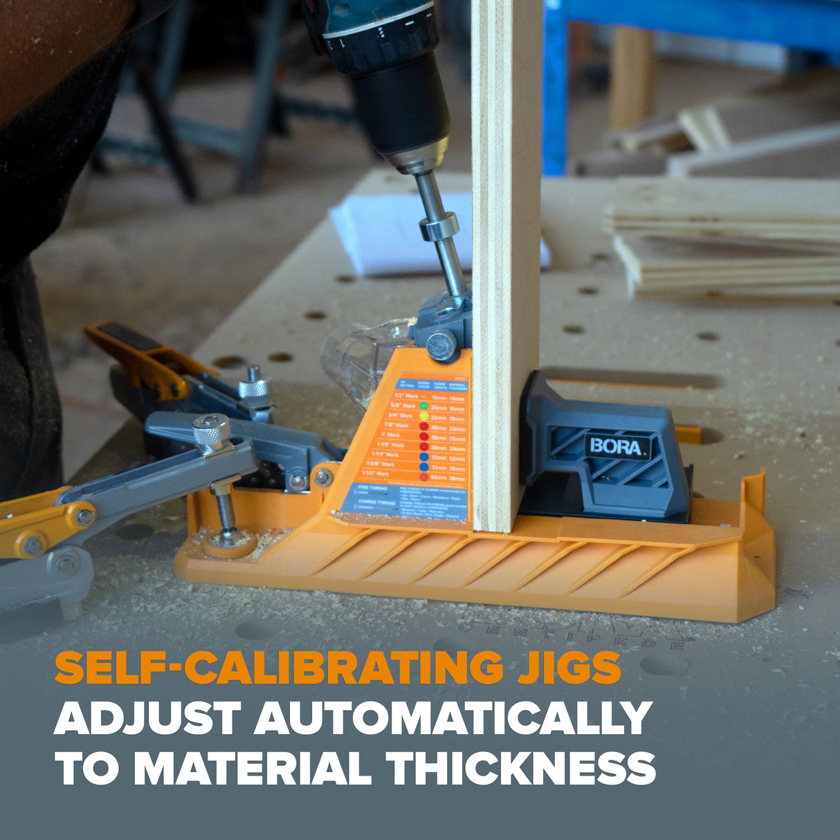 Self-adjusting BORA Tool Auto-Jig for accurate pocket hole drilling