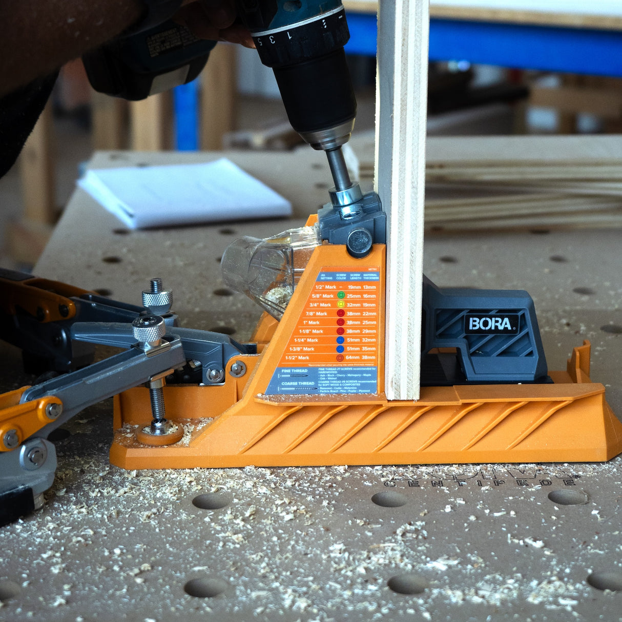 Automatic benchtop pocket hole jig for woodworkers. BORA Tool Auto Jig with self-adjusting feature