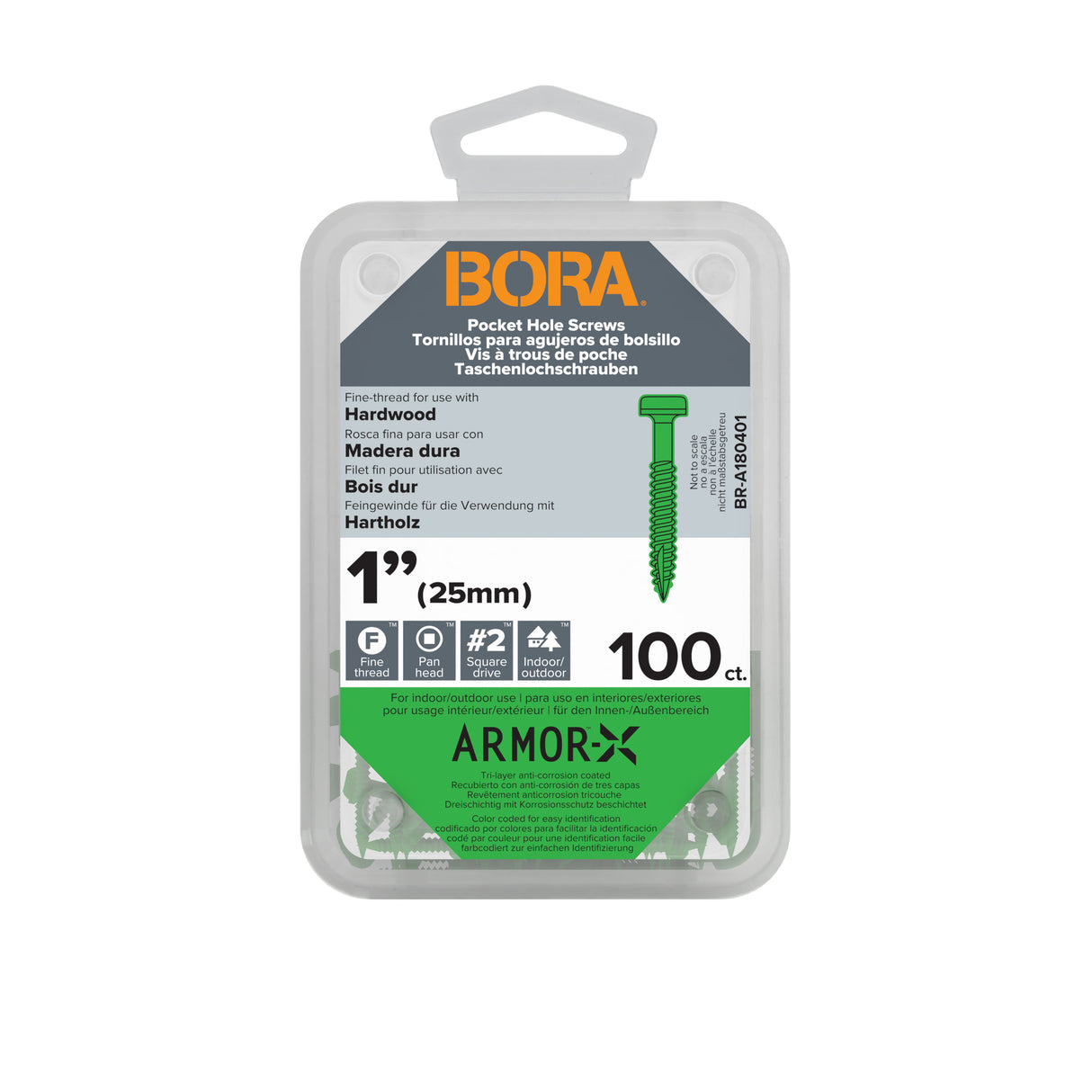 BORA Tool 8Gx25mm Fine Pocket Wood Screws SQD Pack of 100 in colour-coated finish