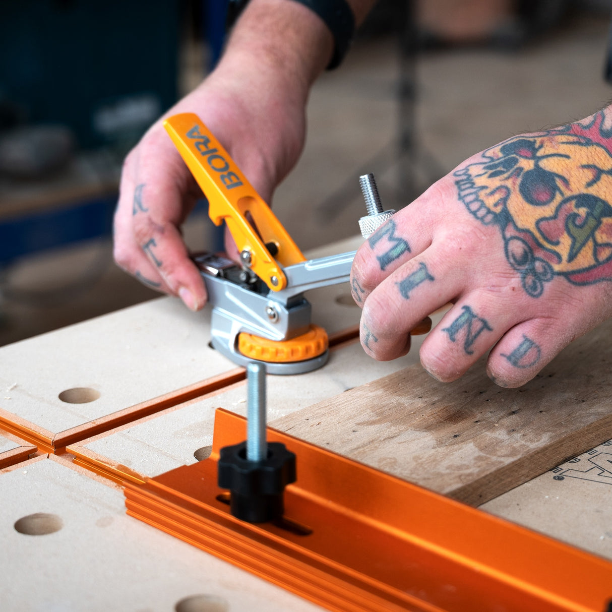 BORA Tool T-Track Standard Toggle Clamp 75mm Reach in action