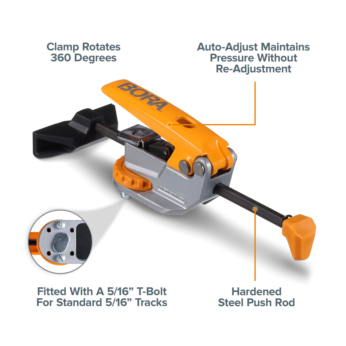 BORA Tool Auto Adjust Toggle Clamp in action on a workbench with a 90mm travel capacity