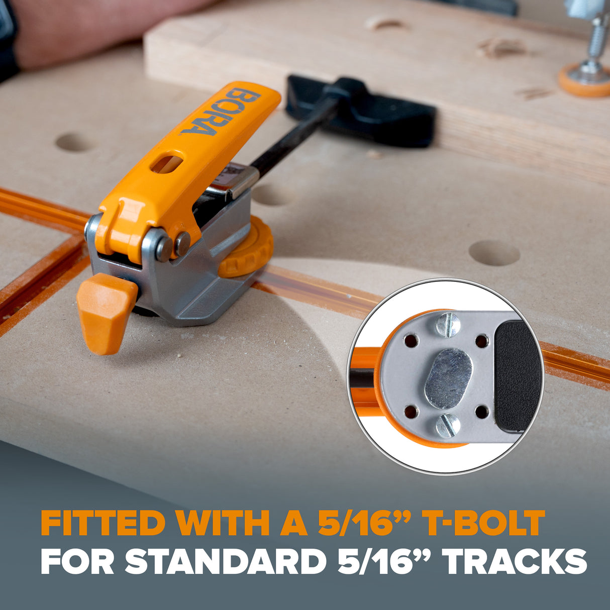BORA Tool Auto Adjust Inline T-Track Toggle Clamp in use on woodworking project