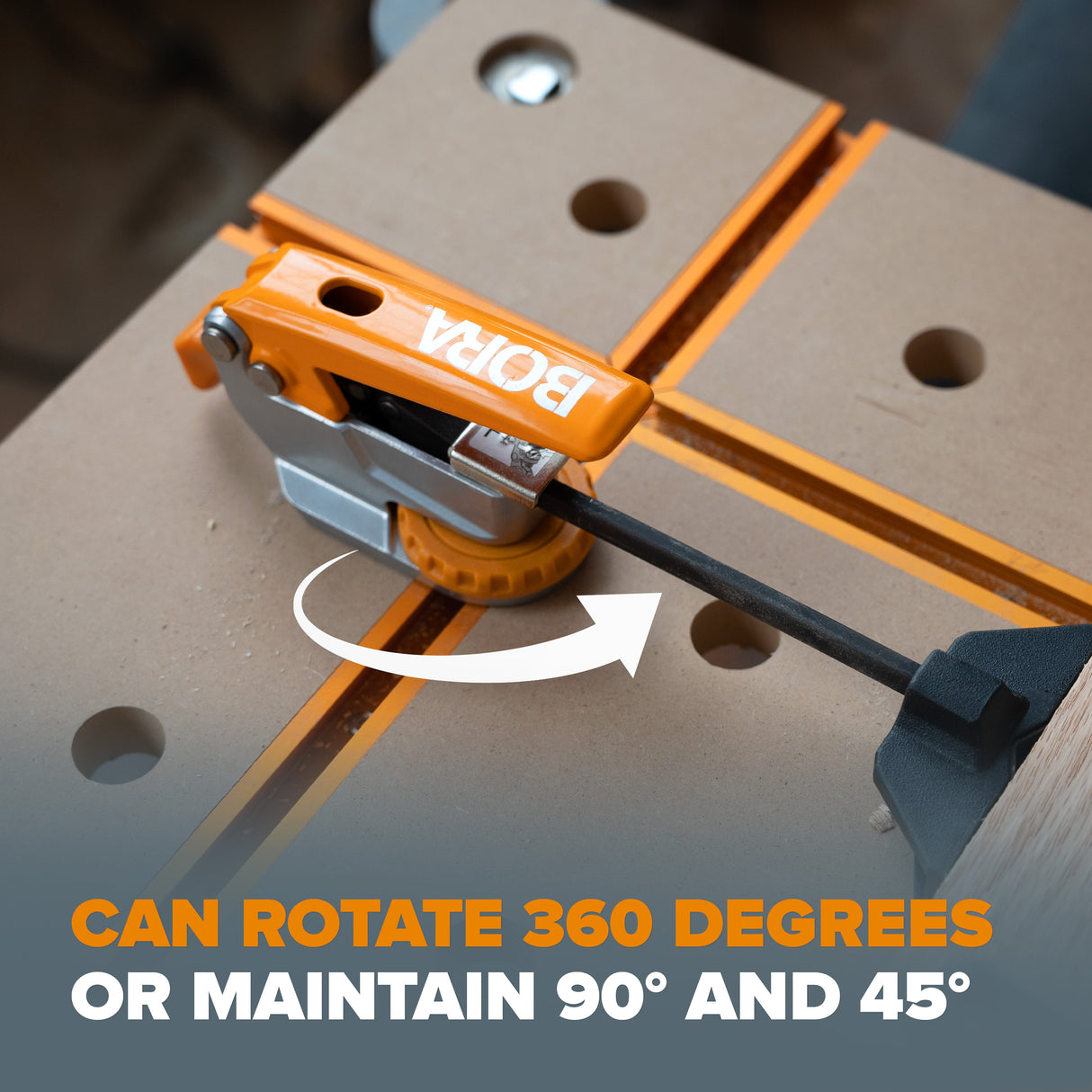 BORA Tool Auto Adjust Inline T-Track Toggle Clamp in use on woodworking project