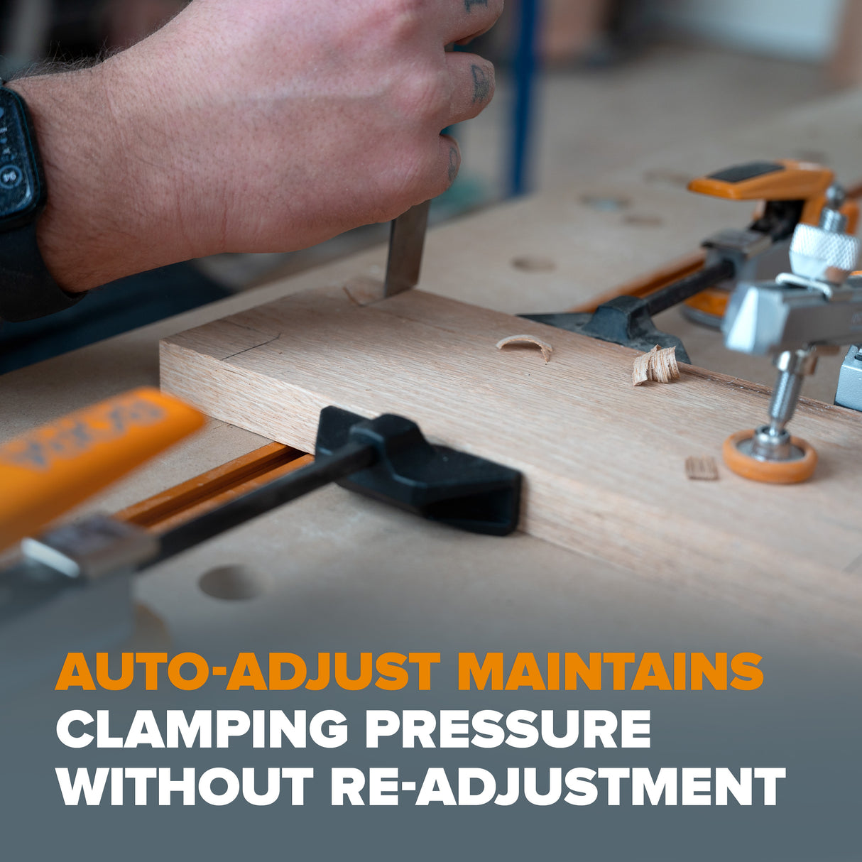 BORA Tool Auto Adjust Inline T-Track Toggle Clamp 90mm Travel in use on woodworking project