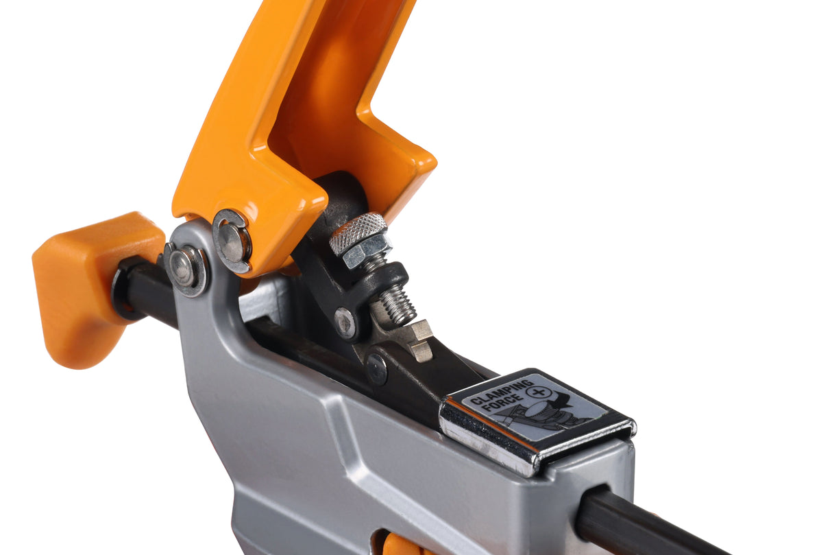 BORA Tool Auto Adjust Inline T-Track Toggle Clamp 90mm Travel in use on woodworking project