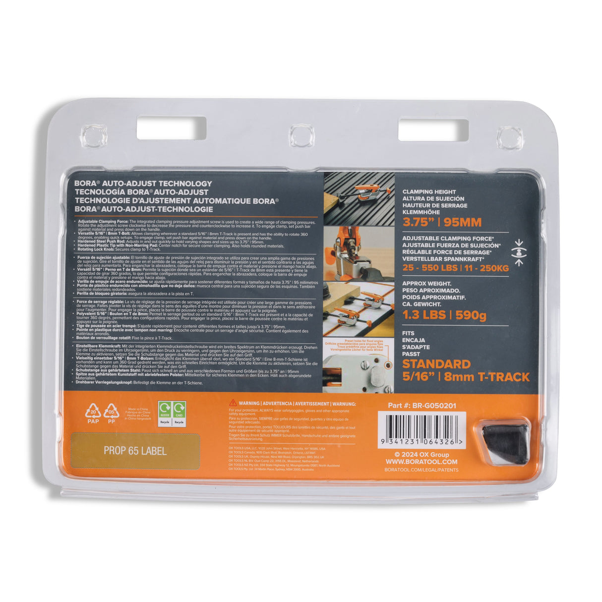 BORA Tool Auto Adjust Inline T-Track Toggle Clamp 90mm Travel in use on woodworking bench