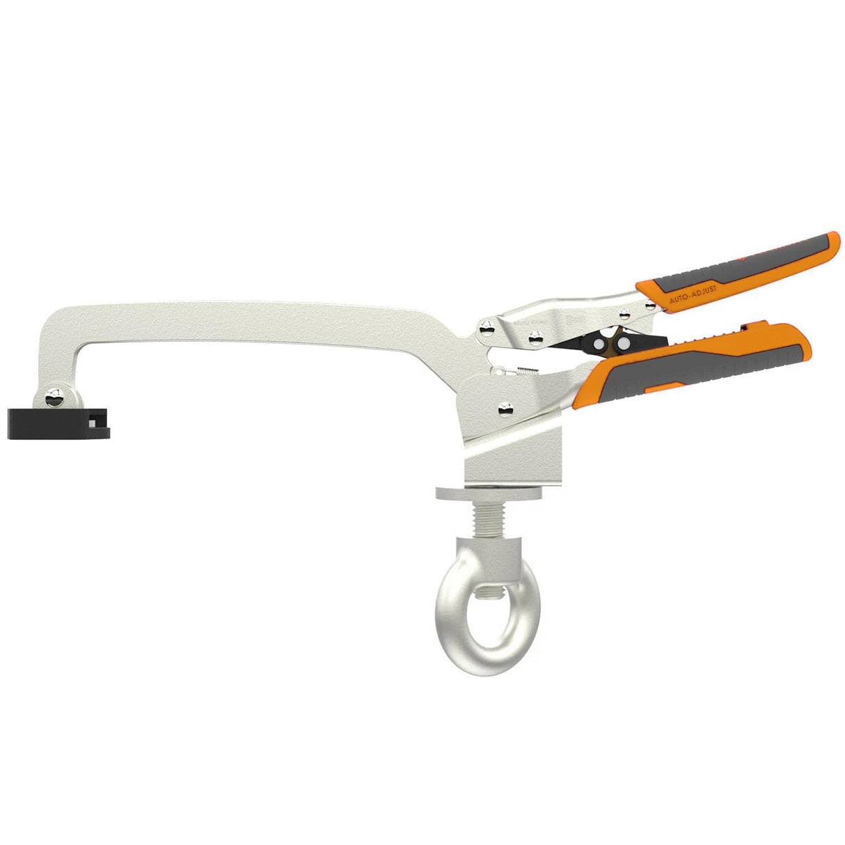 Metal face frame clamping tool with orange and gray handles on a white background