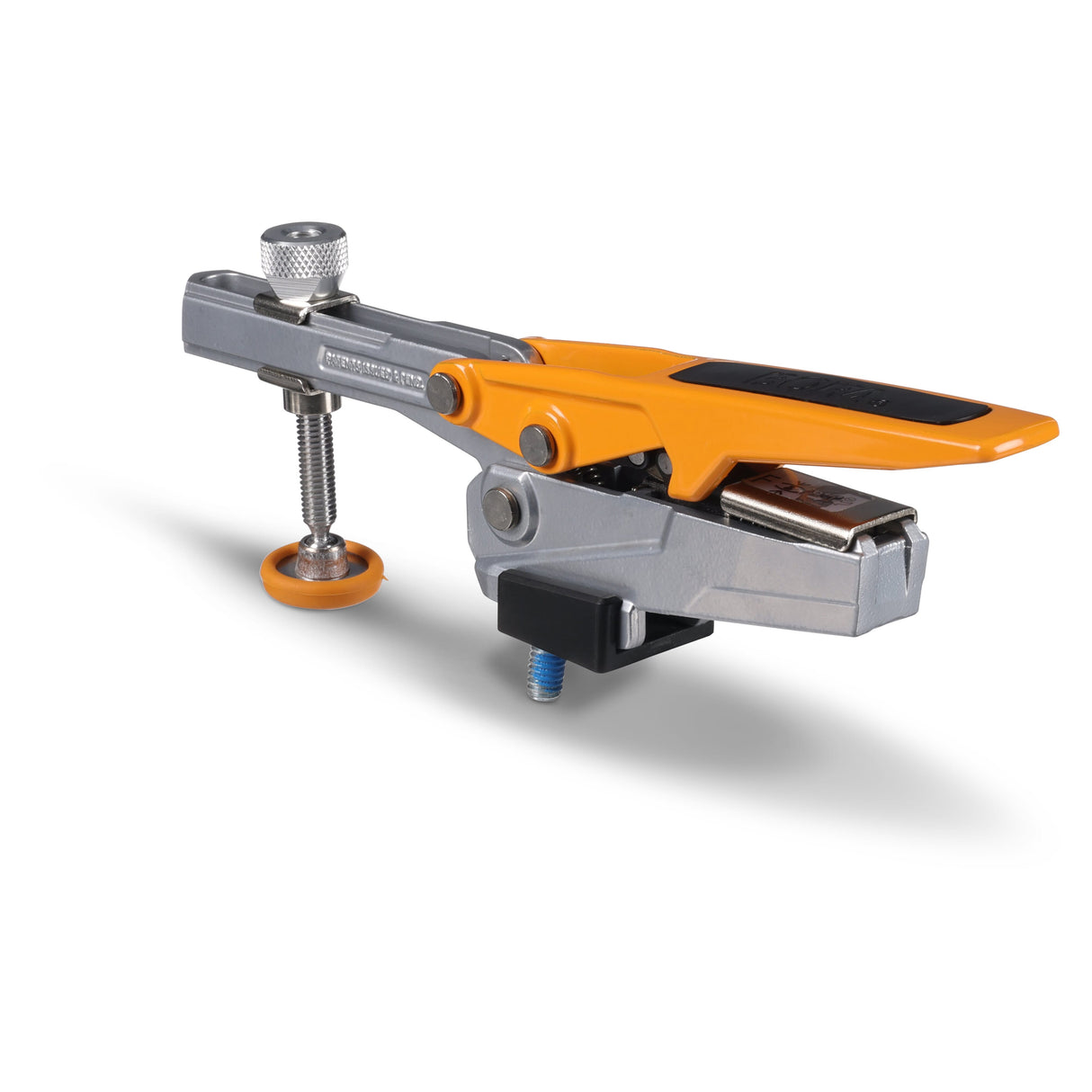BORA Tool Dog Hole Auto Adjust Toggle Clamp in action with 19mm bench dog post securely gripping into dog hole