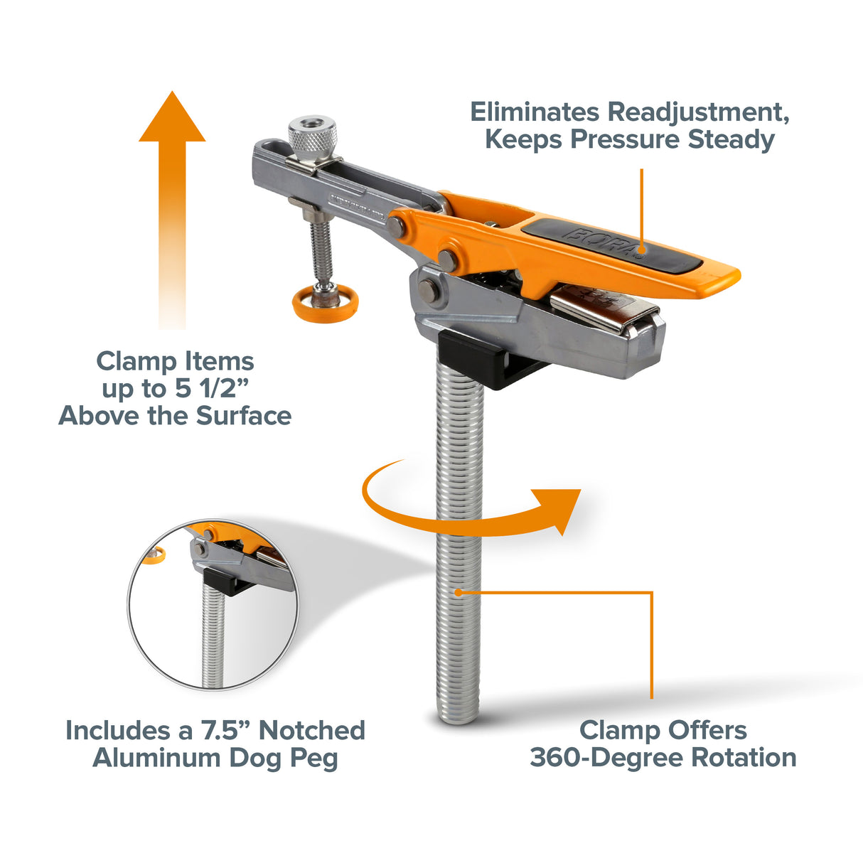 BORA Tool Dog Hole Auto Adjust Toggle Clamp in use, securely gripping 19mm bench dog post for increased clamping pressure