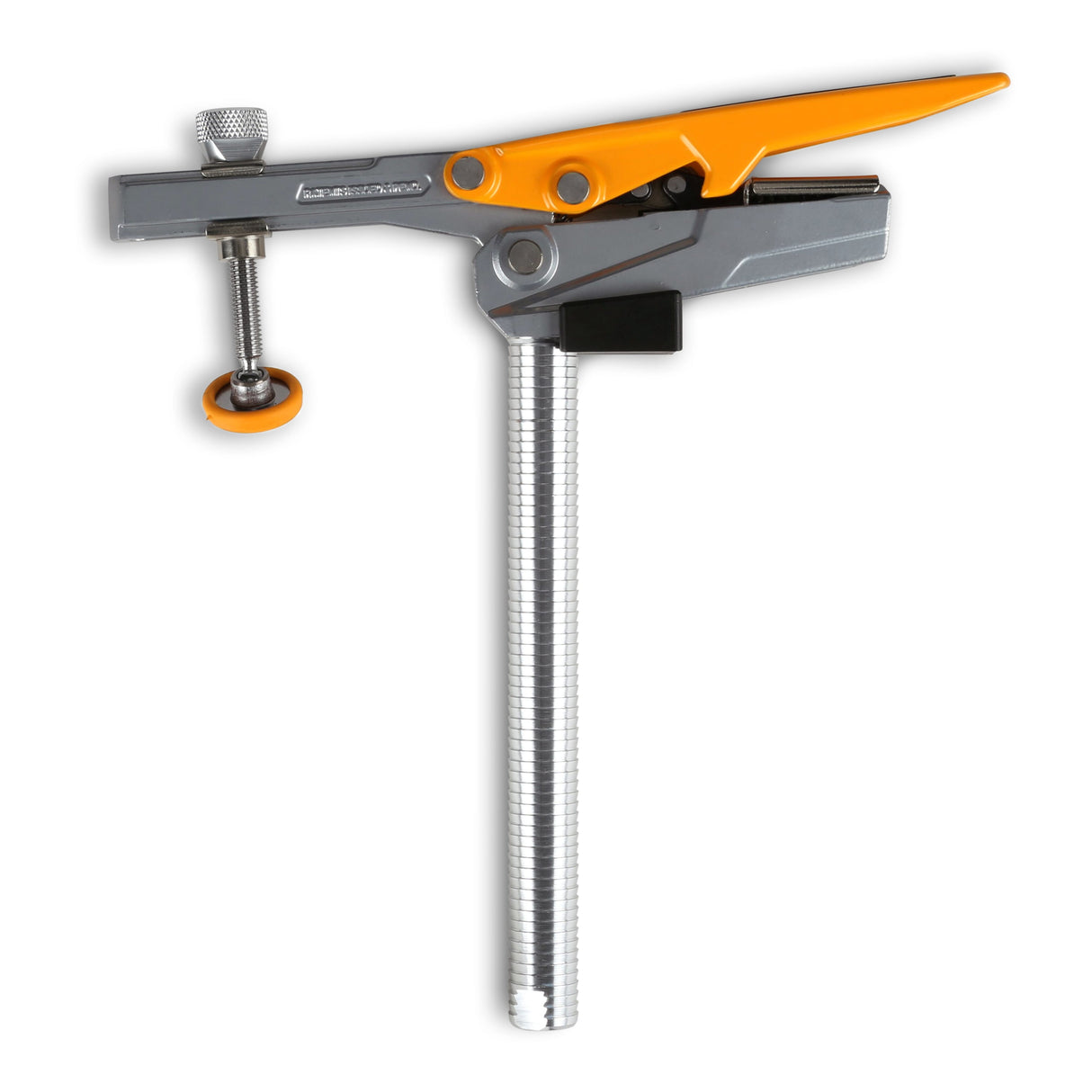 Toggle clamp with serrated bench dog post for secure grip in dog hole, 175mm capacity