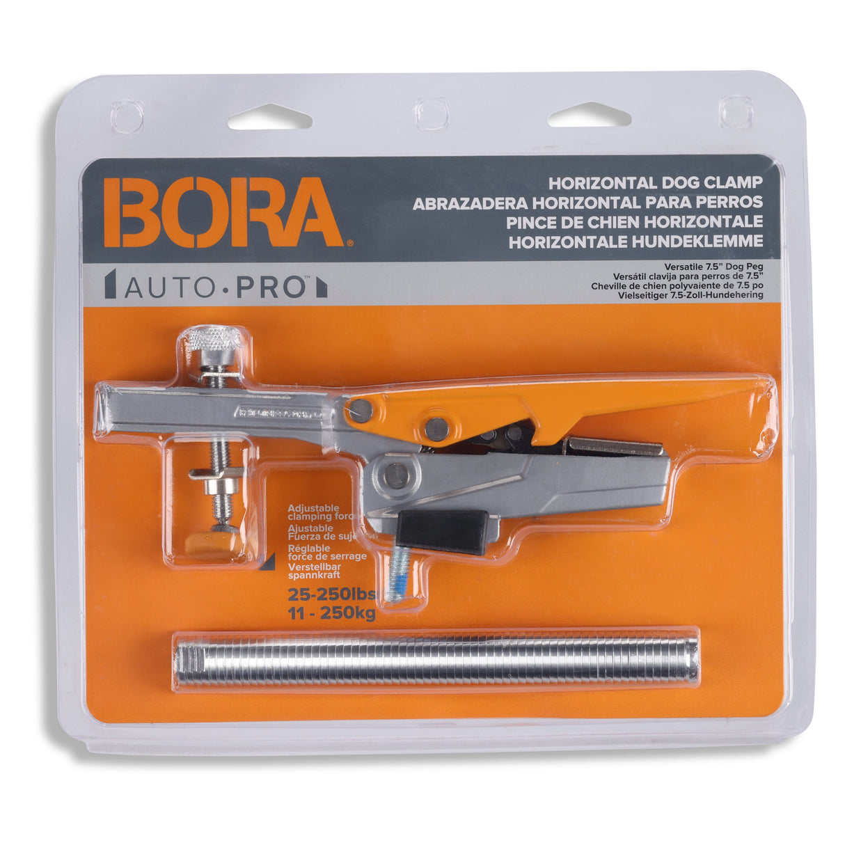 BORA Tool Dog Hole Auto Adjust Toggle Clamp in use with 19mm bench dog post