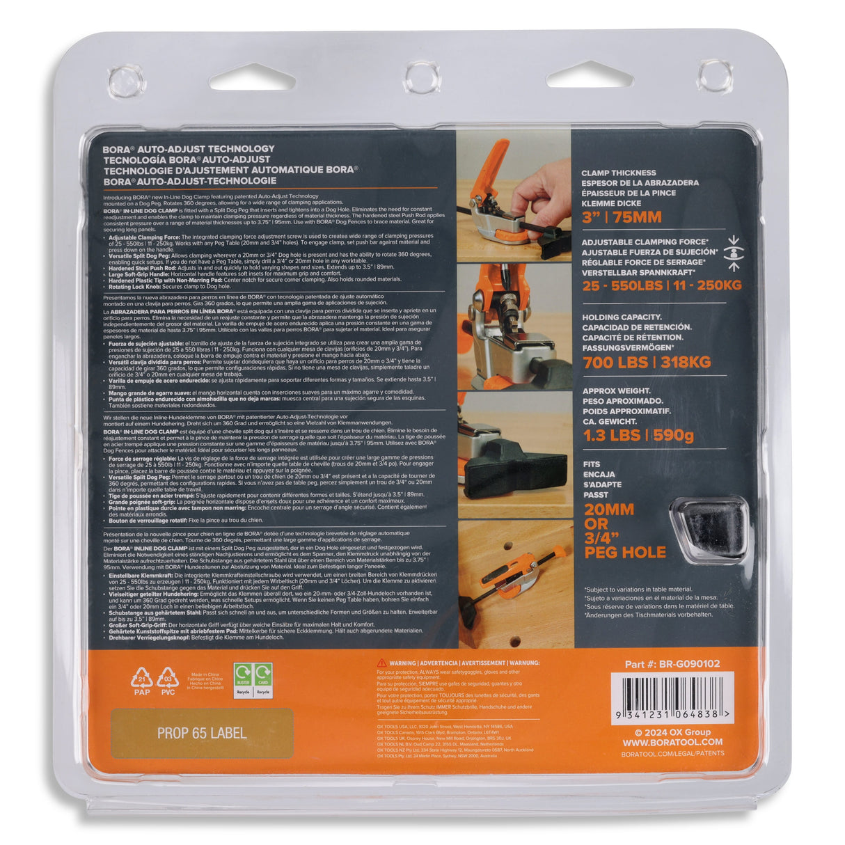 BORA Tool Dog Hole Auto Adjust Inline Toggle Clamp in action on workbench