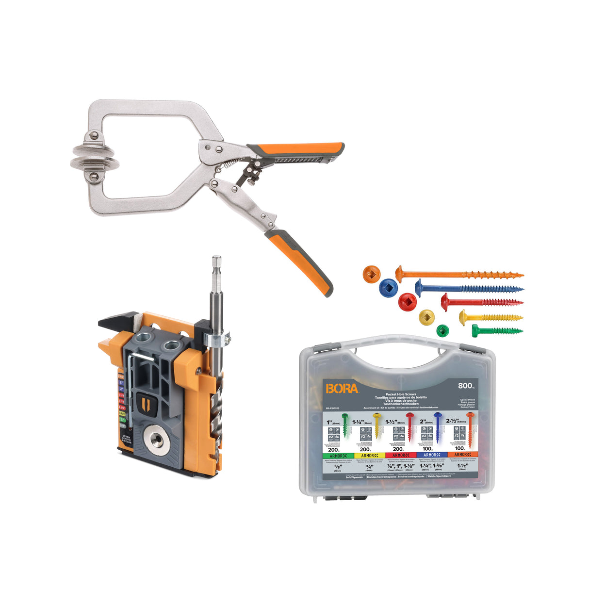 BORA tool product bundle with mini jig pocket hole jig, 800 piece screw set and face frame clamp