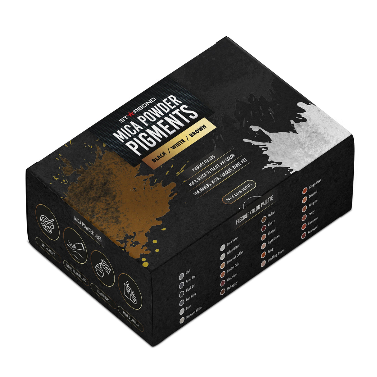 Starbond Black White Brown Mica Powder Pigment Set of 24 Colours 10g in artistic earth tones