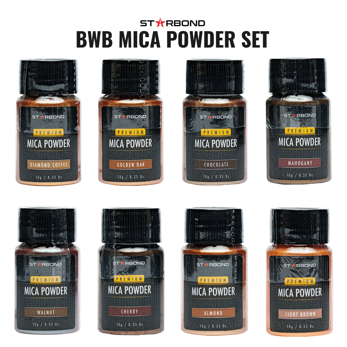 Starbond Black White Brown Mica Powder Pigment Set 24 Colours 10g angled view showcasing earthy shades for woodworking tools
