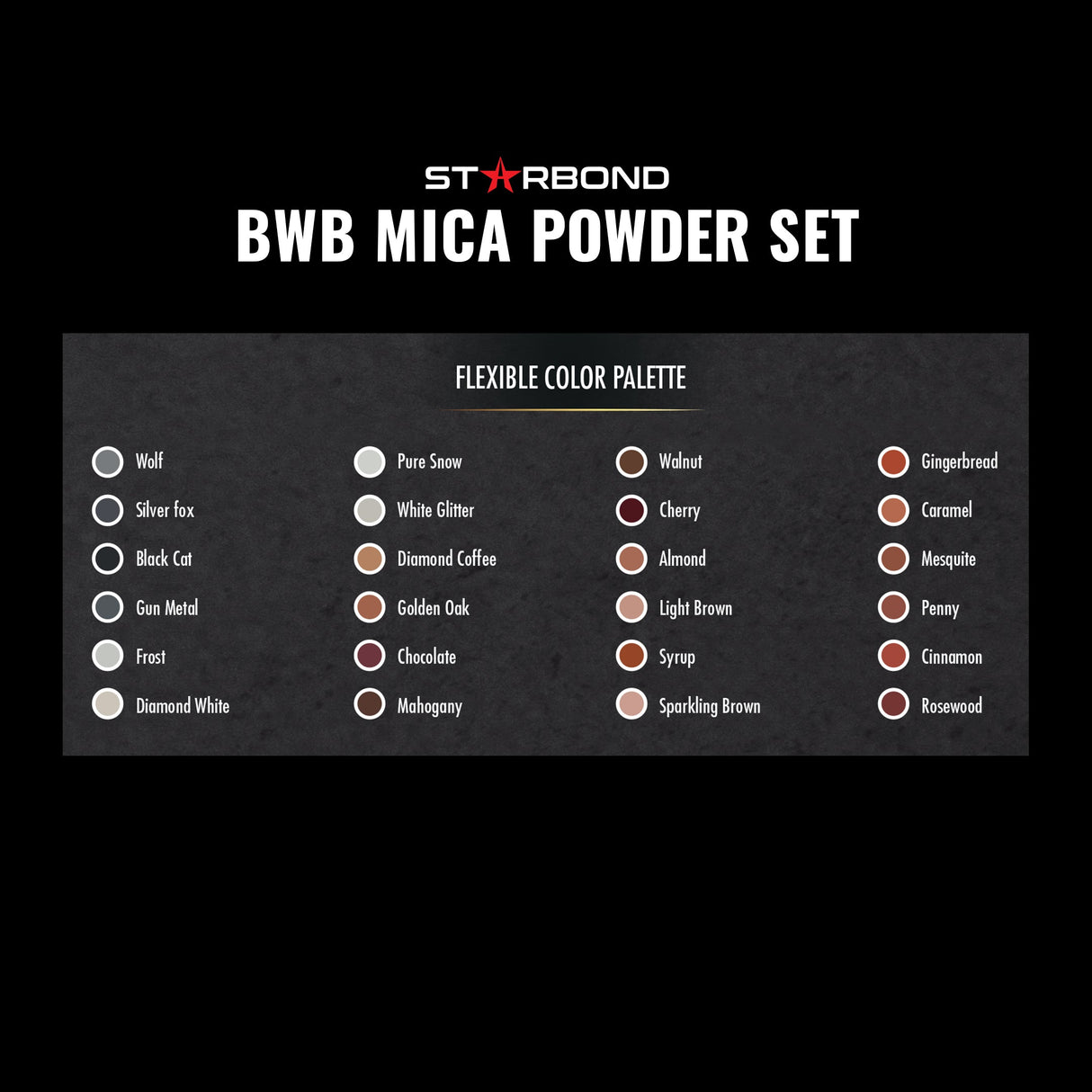 Starbond Mica Powder Pigment Set of 24 Earthy Colours in Black, White & Brown, angled view