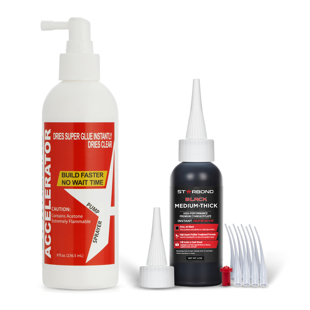 Starbond 2oz Black Medium-Thick CA Super Glue and 8oz Pump Accelerator Bundle - Close-up of black super glue bottle and pump accelerator