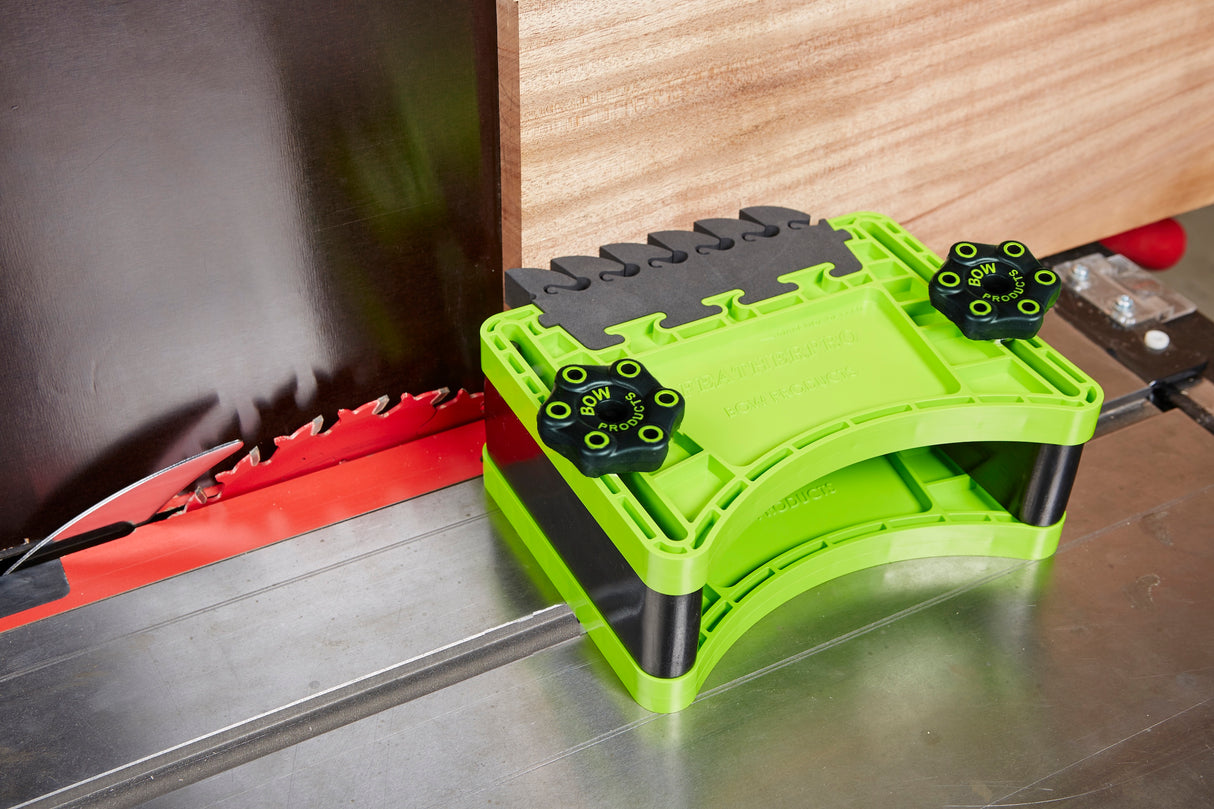 BOW Products FeatherDUO Featherboard Safety System Twin Pack Stackable - Detail view of stacked featherboards on woodworking table