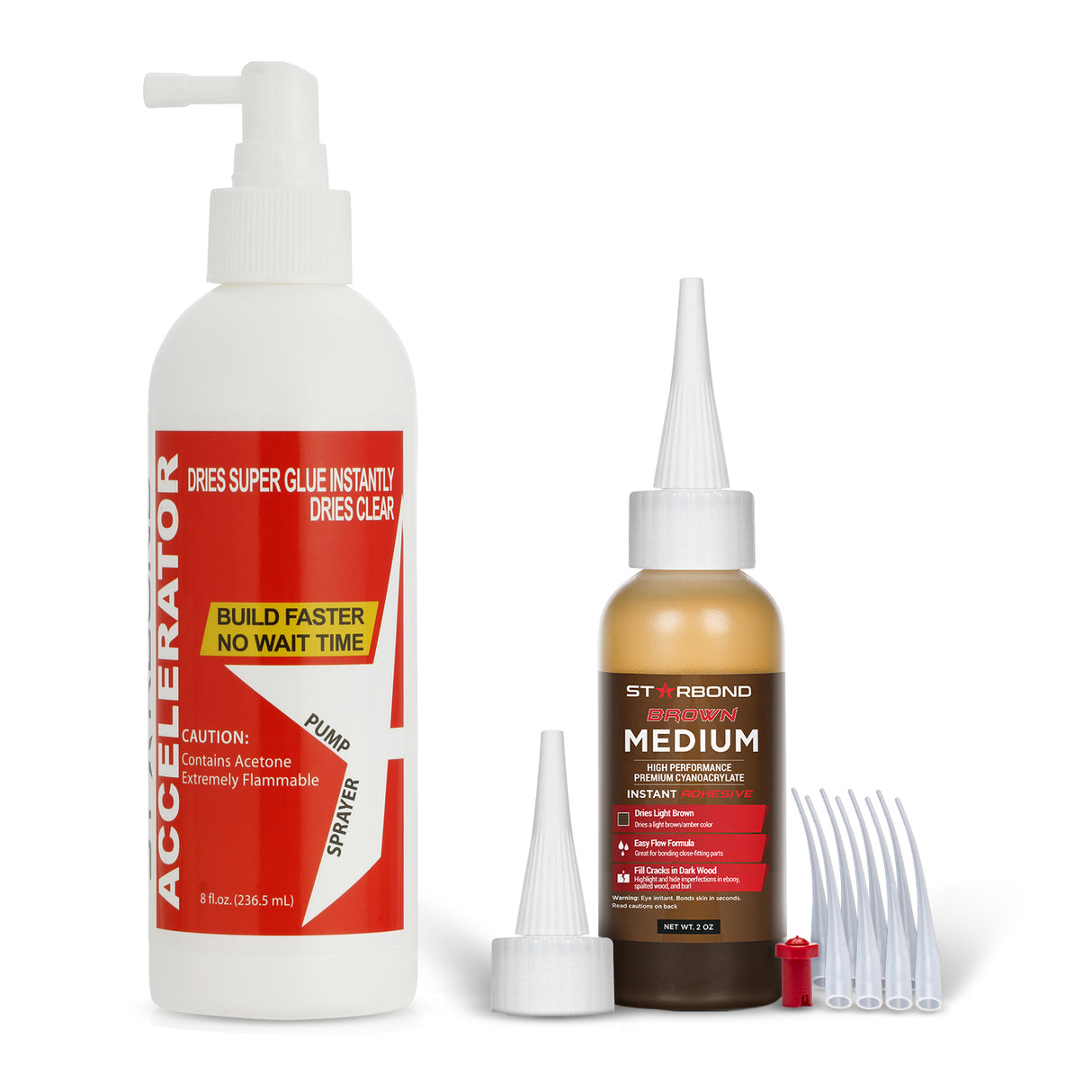 Starbond 2oz Brown Medium CA Super Glue and 8oz Pump Accelerator Bundle in use