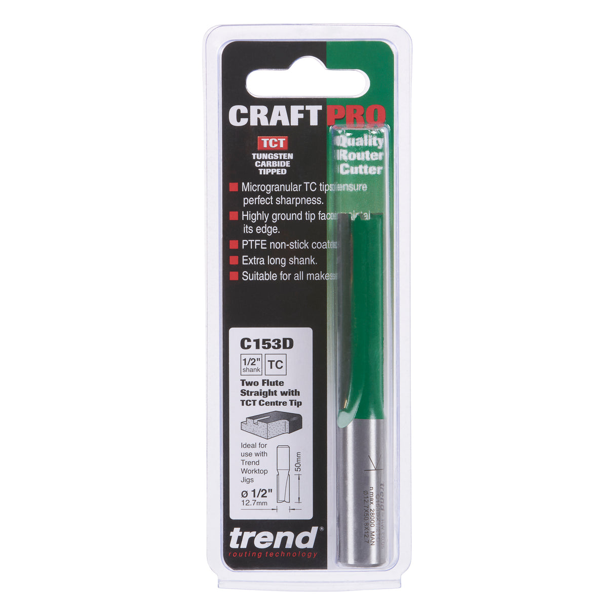 Trend Craft Pro Straight Router Bit 2-Flute 12.7mm Diameter 1/2in Shank