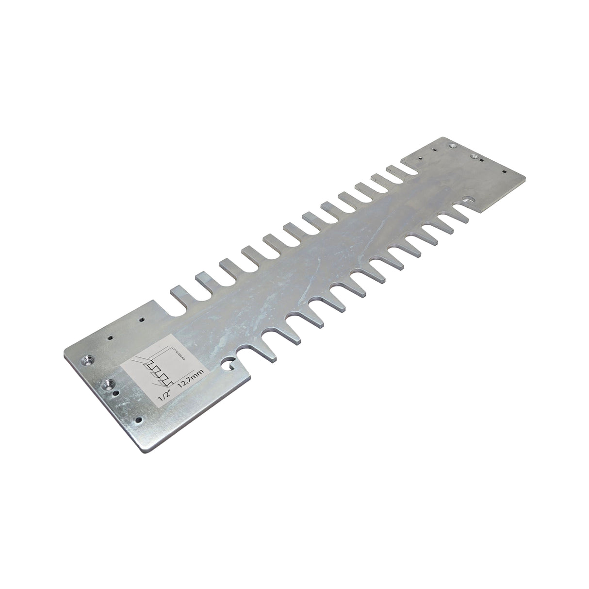 Trend 1/2in Through Dovetail Template for 300mm Jig, zinc plated steel. Ideal for 8-17mm thick material. Router bushings included