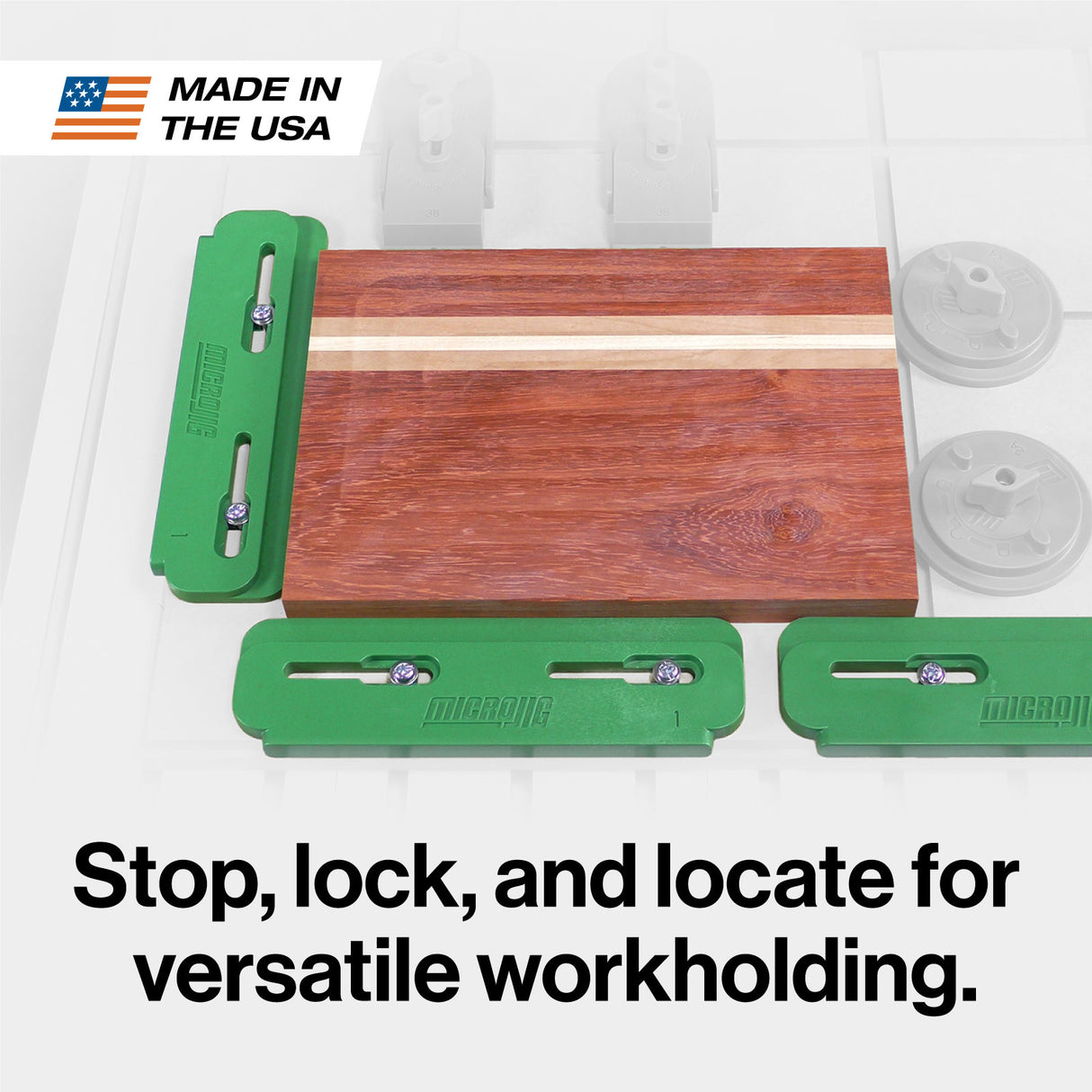 Precise MicroJig MatchFit Edge Guide 3-Piece Kit in action, securing work with low-profile fences