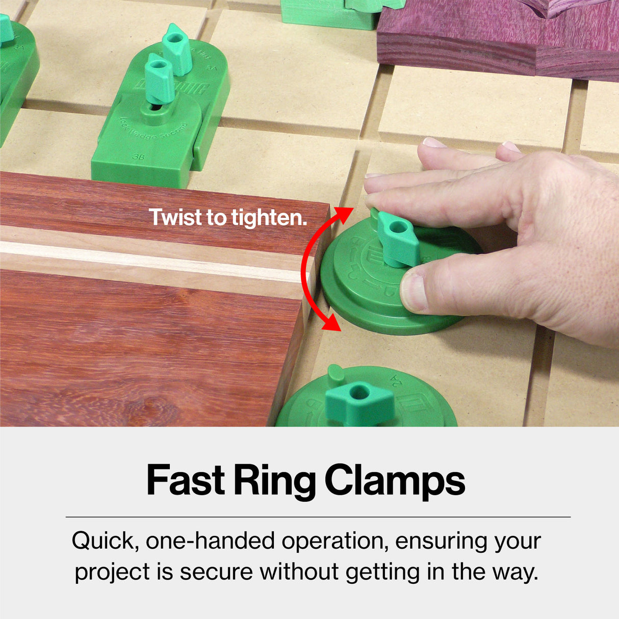 MicroJig MatchFit Ring Clamp 2-Piece Kit - Close-up view of the cam action Dovetail Clamps in action on woodworking project