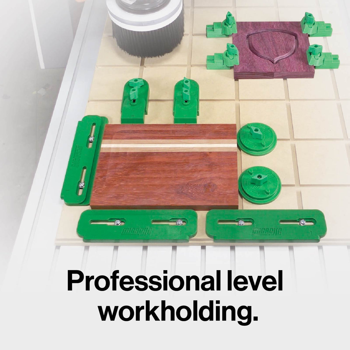 MicroJig MatchFit U-Pad Clamp 2-Piece Kit on woodworking table with secure clamping mechanism