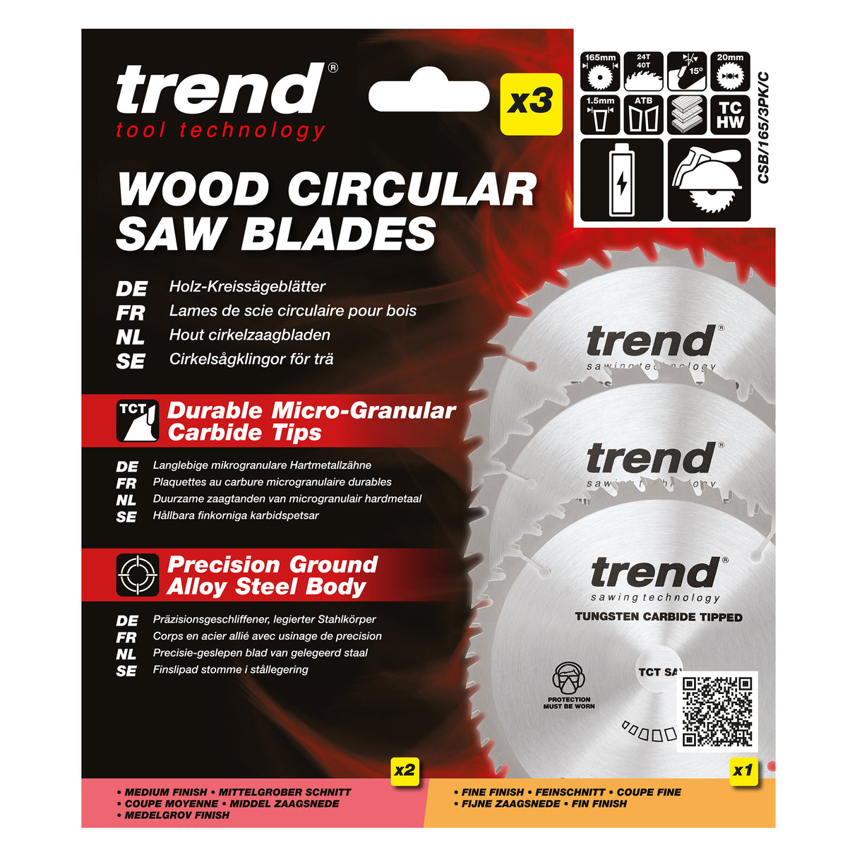 Trend 3-Piece 165mm x 20mm x 24/40T Wood Cordless Circular Saw Blade Set