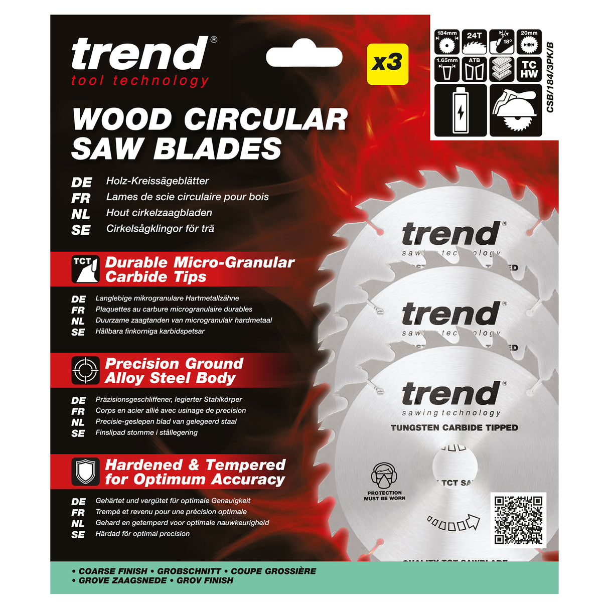 Trend 3-Piece 184mm x 20mm x 24T Wood Cordless Circular Saw Blade Set